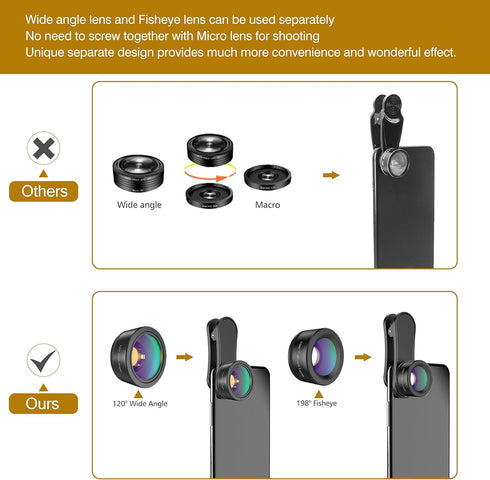 Phone Camera Lens,Upgraded 3 in 1 Phone Lens kit-198° Fisheye Lens + Macro Lens + 120° Wide Angle Lens,Clip on Cell Phone Lens Kit Compatible with...