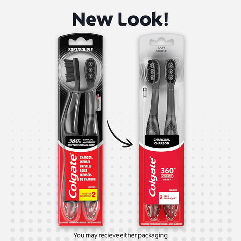 Colgate 360 Vibrate Charcoal Battery Operated Toothbrush Pack, Soft with 1 AAA Battery Included, Black, 2 Count...