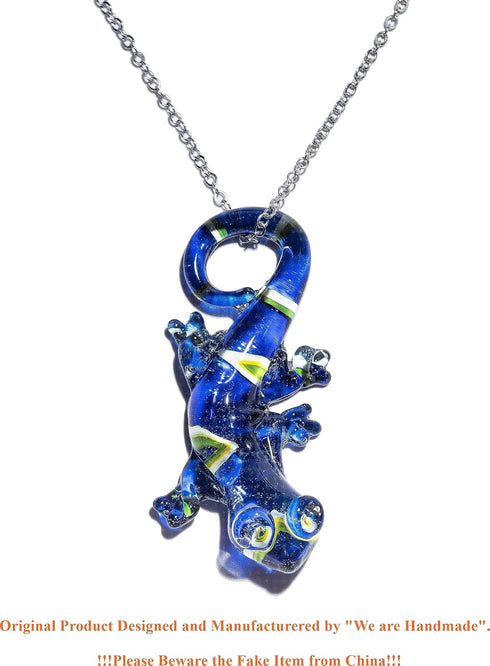 Handmade Large Blue Lizard Art Glass Blown Animal Figurine Pendant Necklace Jewelry...