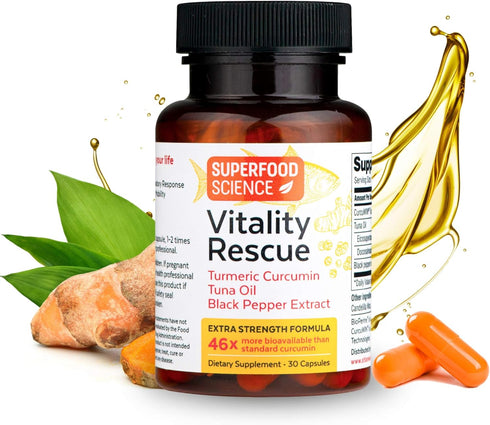 Vitality Rescue Omega 3 and Turmeric Supplement w/Bioperine, CurcuWin 46X Superior Absorption Curcumin to Support Workout Recovery, Joint, Muscle,...