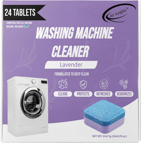 Air Jungles Washing Machine Cleaner Tablets 24 Count, Lavender Scent, Deep Cleaning Laundry Washer Drum and Tub, Compatible with Front and Top Loa...
