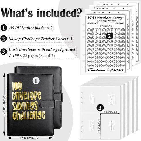 100 Envelopes Money Saving Challenge Binder, Easy and Fun Way to Save $5,050, A5 Budget Book with Cash Envelopes Kit,Black,Gold,Pack of 2...