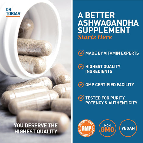 Dr. Tobias Ashwagandha Capsules, 1300mg Organic Ashwagandha Root Extract Per Serving with Black Pepper, Calming Adaptogen, Energy & Focus Suppleme...