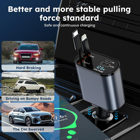 Retractable Car Charger 120W - 4 in 1 Fast Charing Car Phone Charger Adapter, USB C Car Charger with 2 Retractable Cables & 2 USB Ports for iPhone...