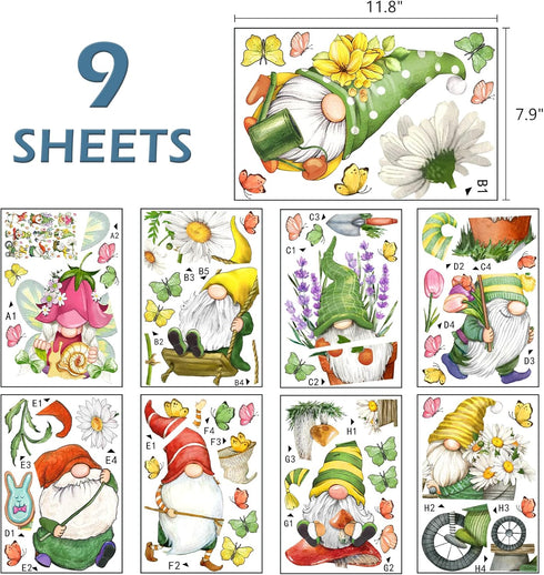 Mfault 9 Sheets Spring Gnomes Flowers Window Clings, Floral Daisy Tulip Lavender Glass Stickers Decals Decorations, Butterfly Mushroom Bicycle Swi...