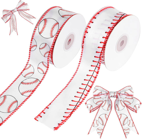 2 Rolls 20 Yards Baseball Ribbons Red White Wired Edge Fabric Ribbons 1.5 Inch Sport Stitching Satin Wired Ribbon for Present Wrapping DIY Crafts ...