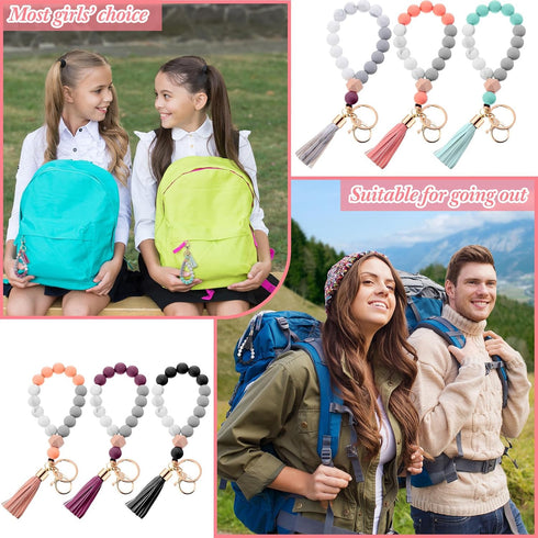 Tondiamo 6 Pcs Silicone Wristlet Keychain for Women Cute Car Key Ring Bracelet Beaded Bangle Chains with Leather Tassel...