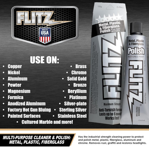 Flitz Multi-Purpose Metal Polish Paste - 5.29oz Tube of USA-Made Metal Scratch Remover - Works on Stainless Steel, Chrome, Aluminum, Plastic, Jewe...