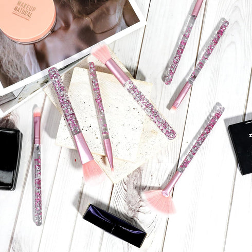 7 PCS Makeup Brushes, Crystal Sparkles Cute Fan Blush Foundation Powder Lip Highlight Eye Shadow Eyebrow Concealers Brush Set with Sequins Handle ...