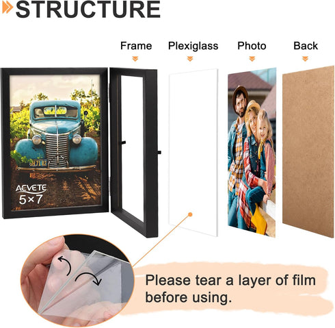 AEVETE 5x7 Picture Frames Double Hinged Wood Folding Photo Frames Vertical with Plexiglass Front, Black...