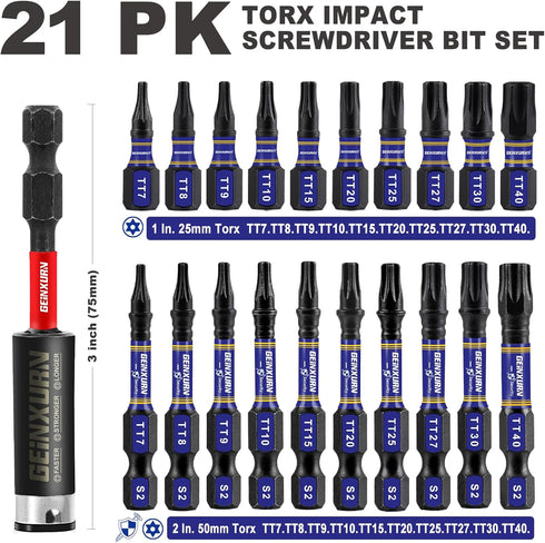 21Pieces T7-T40 Security Torx Screwdriver Bit Set,Impact Tough Magnetic Torx Head Power Bits, S2 Alloy Steel Star Bit with Impact Magnetic Bit Hol...