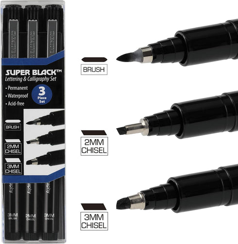 Creative Mark Calligraphy & Fineliner Pen Set of 3 Lettering & Calligraphy Drawing - Super Black, Permanent, Waterproof, & Acid-Free Chisel Nylon-...