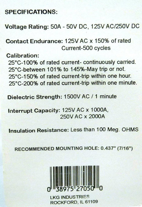 Philmore 50A Push Button Manual Reset Thermal Circuit Breaker 50V DC, 125V AC...