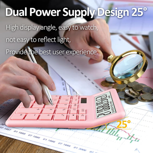 Standard Calculator 12 Digit,Pink Desktop Dual Power Battery and Solar,Desk Calculators with Large LCD Display,Perfect for Home, Office,and School...