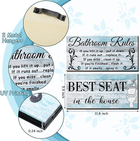 Jetec 2 Pieces Funny Bathroom Pictures Wall Sign Decor Farmhouse Bathroom Rule Wall Art Toilet Rustic Decoration Best Seat Wooden Sign(Fresh Style...