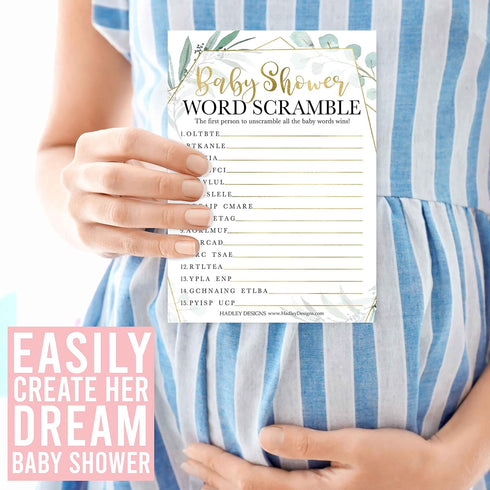 Hadley Designs Hilarious Baby Shower Games Set – 25 Double-Sided Cards for 25 Guests, 2 Games, Word Scramble Baby Shower Game, True or False, Gend...