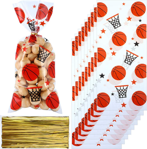 Blulu 100 Pieces Basketball Party Treat Bags Plastic Basketball Theme Candy Goodie Bags with 100 Pack Gold Twist Ties for Sports Team Party Favors...