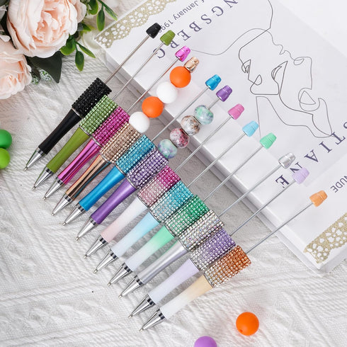 12 Pcs Beadable Pens Rhinestones Beadable Pens Plastic Black Ink Pens for Gift Making Kits Children Students Office School DIY Supplies...