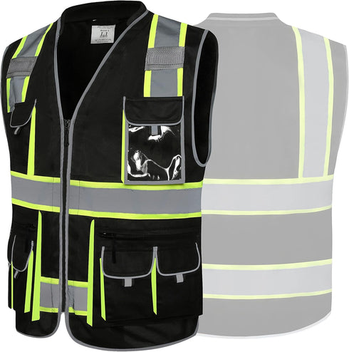 JKSafety 10 Pockets Hi-Vis Zipper Front Black Safety Vest | Cushioned Collar | High Reflective Tapes with Extended Neon Yellow Strips | Meets ANSI...