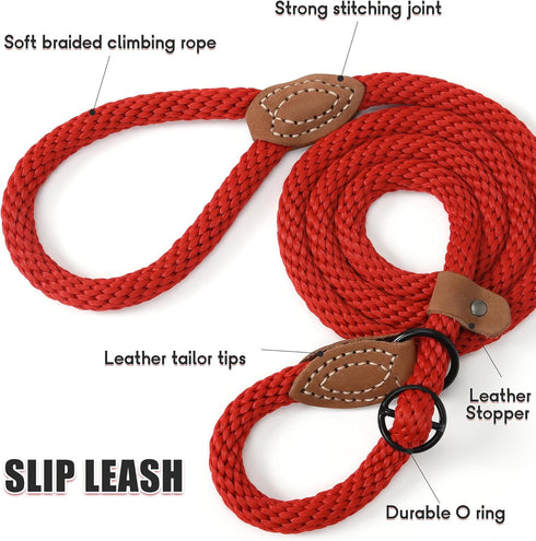 Mile High Life Slip Leads for Dogs | Heavy Duty Dog Training Leash | 5 Feet No Pull Slip Leashes w Leather Tip | Red Rope Lead for Dogs Outside...
