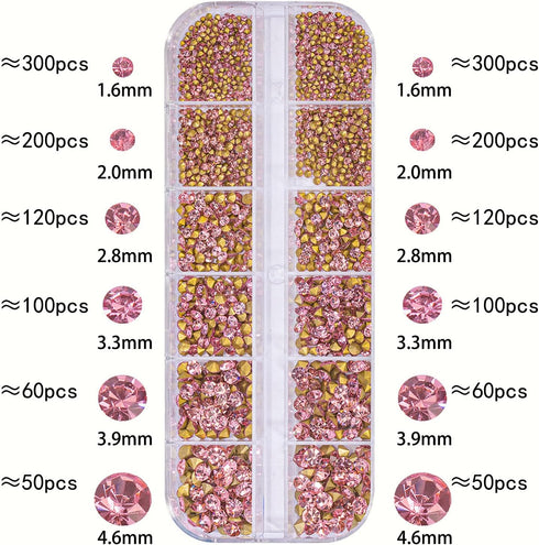 1 Box 12Grids Nail Art Sharp Bottomed Rhinestones 1660Pcs Nail Gems Light Pink Charms Gem Stones, with Storage Organizer Box/Size(1.6mm-4.6mm) for...