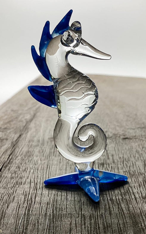 Garden Deco Glow in The Dark Blue Sea Horse Hand Blown Art Glass Figurine Ornament Sculpture...