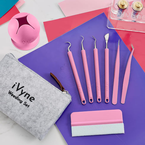 iVyne (8pcs) Premium Vinyl Weeding Tool Kit & Weeding Scrap Collector Soft Grip Tools with Berry, Weeder, Tweezers, Picker Or Hook, and Scraper Se...