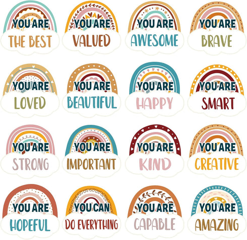 48Pcs Back to School Boho Rainbow Cutouts Inspirational Card Bulletin Board Bohemia Positive Sayings Accents Motivational Psychology Quote Card Cl...