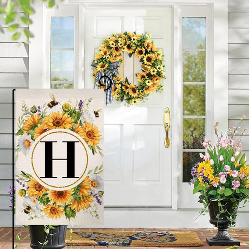 Monogram Letter H Garden Flag Summer Sunflower 12x18 Vertical Double Sided Spring Floral Bee Outside Decorations Small Burlap Family Last Name Ini...