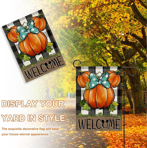 Welcome Fall Cartoon Mouse Pumpkin Decorative Garden Flag, Autumn Thanksgiving Buffalo Plaid Check Yard Outside Decorations, Farmhouse Rustic Outd...