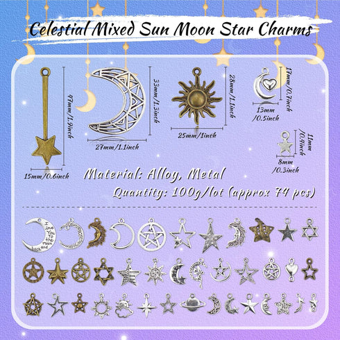 JIALEEY Celestial Mixed Sun Moon Star Charms, Wholesale Bulk Lots Antique Alloy Charms Pendants DIY for Necklace Bracelet Jewelry Making and Craft...