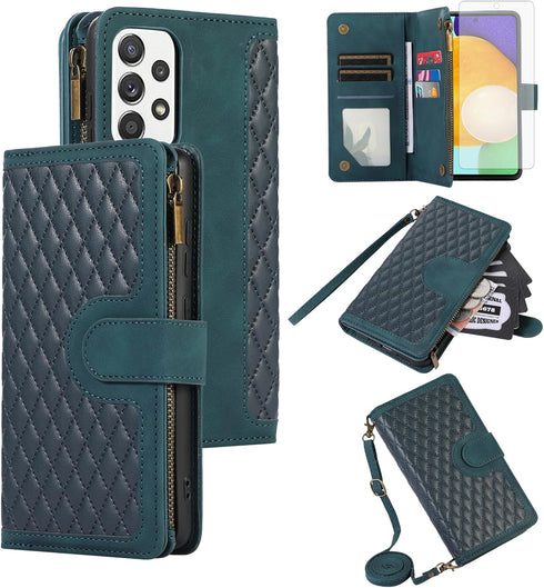 Asuwish Phone Case for Samsung Galaxy A53 5G Wallet Cover with Tempered Glass Screen Protector and Crossbody Wrist Strap Flip Zipper Credit Card H...