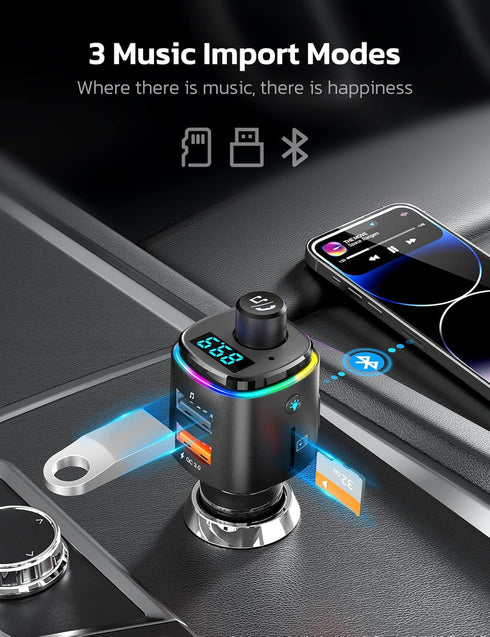 Nulaxy Bluetooth FM Transmitter for Car, QC3.0 Fast Charge Bluetooth Car Adapter, Wireless Radio Car Kit with 7 Color LED Backlit, Support Hands-F...