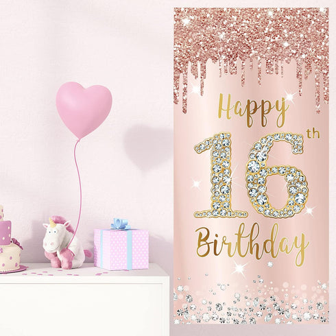 16th Birthday Door Banner Decorations for Girls, Pink Rose Gold Sweet 16 Birthday Door Cover Backdrop Party Supplies, Large Happy Sixteen Year Old...