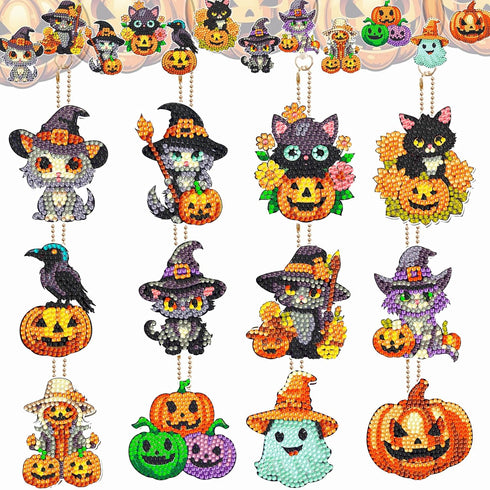 12 Pcs Halloween Cat Diamond Keychains Kit Double Sided DIY Cute Halloween Cat Diamond Keychains for Beginners Adults Art Craft Supplies Holiday G...