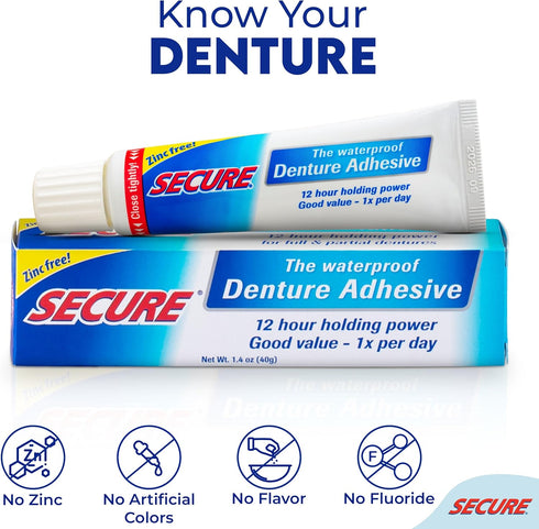 Secure Waterproof Denture Adhesive - Zinc Free - Extra Strong 12 Hour Hold - 1.4 oz (Pack of 2)...