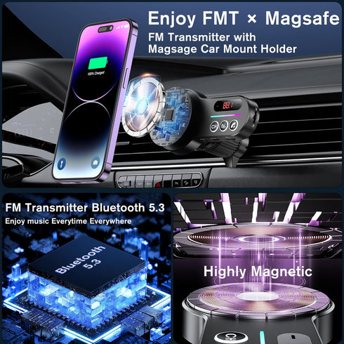 for 15W Wireless MagSafe Bluetooth 5.3 FM Transmitter - Hands-Free Calling, HiFi Bass Sound, TF/SD Card Support, LED Display, Air Vent Installatio...