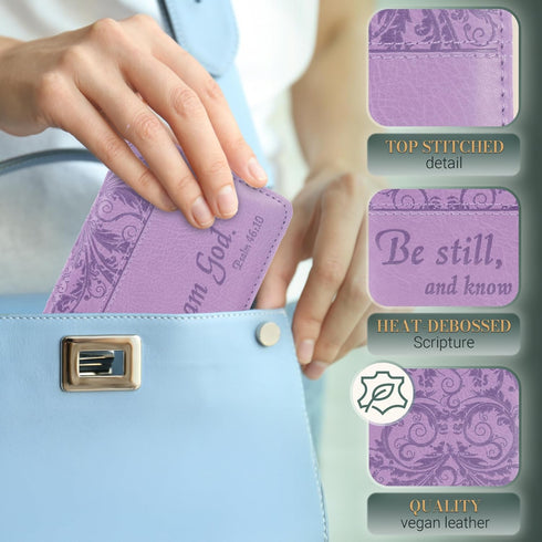 Christian Art Gifts Purple Faux Leather Checkbook Cover for Women with Inspirational Scripture - Be Still - Bi-fold Checkbook Cover for Duplicate ...