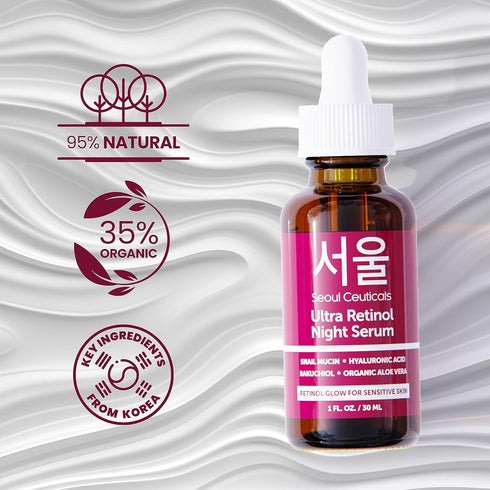 SeoulCeuticals 1% Korean Retinol Night Serum for Face - 97.5% Snail Mucin + Hyaluronic Acid + Bakuchiol, Cruelty Free K Beauty for Sensitive Skin ...