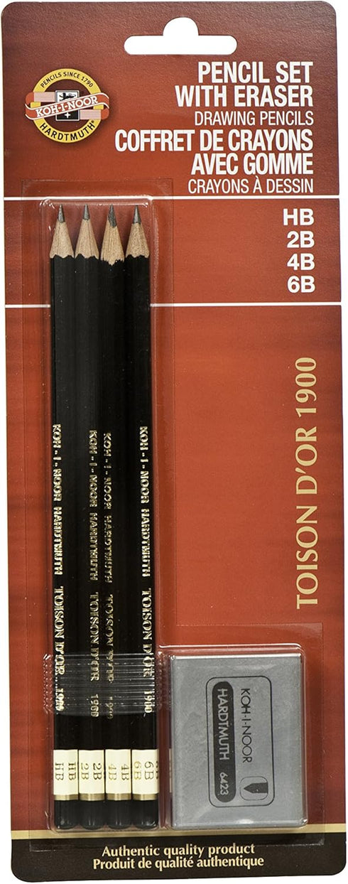 Koh-I-Noor Toison d'Or Graphite Pencil and Kneaded Eraser Set, 4 Degrees, 4 Pencils Per Pack (FA1900.4SET)...