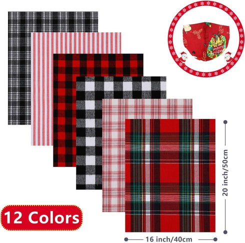 Tatuo 12 Pieces Christmas Fat Fabric Bundles Buffalo Plaid Fat Quarters Cotton Fabric Square Bundles 19.5 x 15.7 Inch Charm Yarn-Dyed Checked Quil...