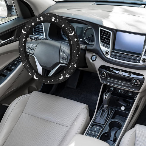 4 Pieces Black Moons White Stars Print Car Accessories Set Black Moons White Stars Steering Wheel Cover with 2 Pieces Car Cup Holder and Leather K...
