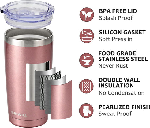 SUNWILL Travel Coffee Tumbler 20 oz, Insulated Mug with Lid, Stainless Steel Cup for Hot and Cold Drinks, Rose Gold...