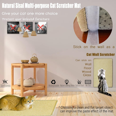 Cat Scratcher Mat, 23.6x15.7” Natural Sisal Scratching Mat with Velcro Tape,Stick on Floor and Wall Cat Scratch Pad Rug, Horizontal Cat Scratch Ma...