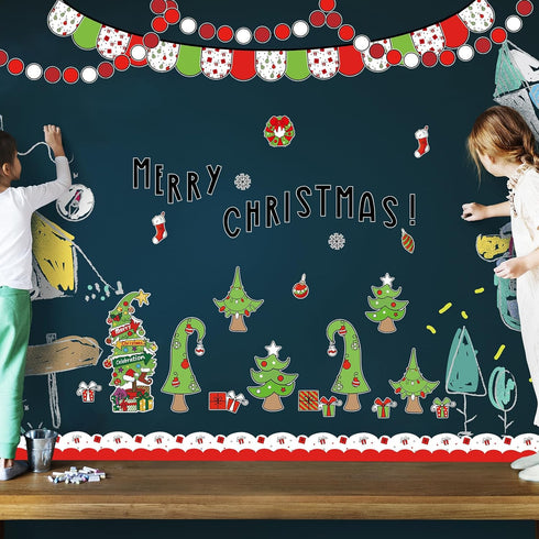 Whaline 94Pcs Merry Christmas Bulletin Board Decoration Kit Holiday Bulletin Board Set Xmas Tree Snowflake Gift Paper Cutouts with Glue Points for...