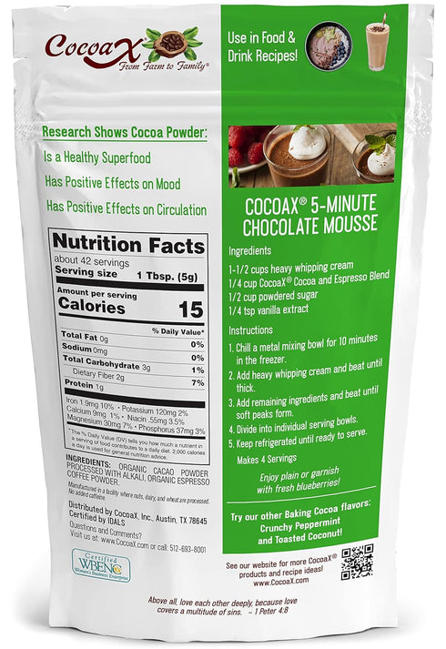 CocoaX Organic Cocoa Powder with Espresso Powder - 8oz Gluten Free, & Non-GMO Unsweetened Cocoa Powder for Baking - Dutch Processed Cocoa Powder t...