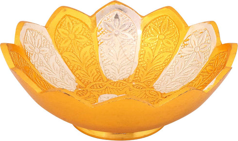 SATVIK 1 Pc 4 Inch Designer Gold Silver Plated Lotus Flower Dessert Dry Fruits Embossed Serving Bowl With Spoon Set Diwali Pujan Decortive Bhog Bo...