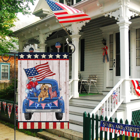 Louise Maelys 4th of July Garden Flag 12x18 Double Sided, Small Burlap Truck Golden Retriever Dog Welcome Patriotic Garden Yard House FLags for Me...