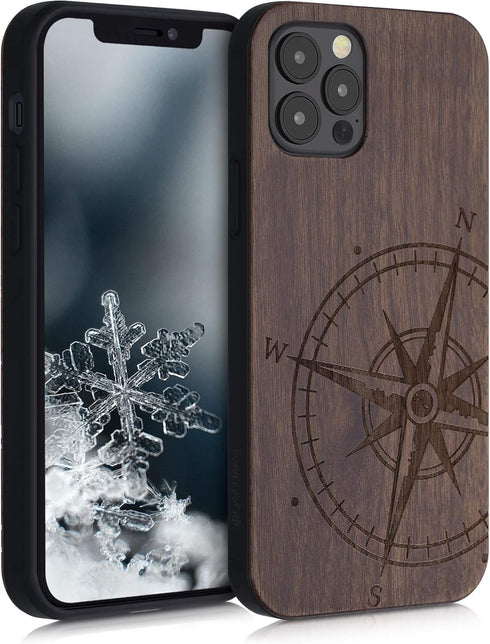 kwmobile Wood Case Compatible with Apple iPhone 12 / iPhone 12 Pro Case - Cover - Navigational Compass Dark Brown...