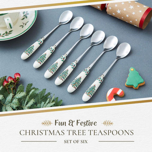 Spode Christmas Tree Teaspoons - Set of 6, Holiday Silverware for Desserts and Beverages, Stainless Steel Flatware with Porcelain Handles, 6-Inch ...